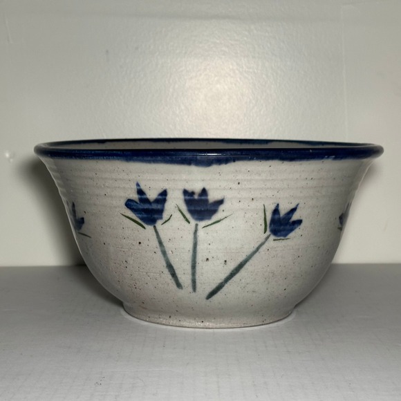 Other - Speckled Stoneware Pottery Bowl‎ Blue Floral Hand Painted Signed Rustic 10"